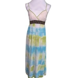 FLYING TOMATO Blue White Green Tie Dye Maxi Dress Size Small Sleeveless Boho